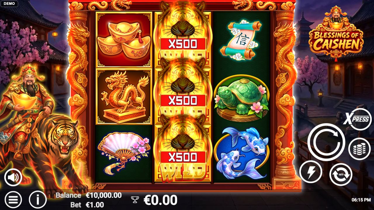 Blessings of Caishen online slot gameplay screenshot showing the reels and controls