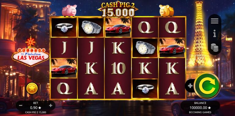 Cash Pig 2 15000 five reel four row game with luxury symbols and two piggy banks above the reels