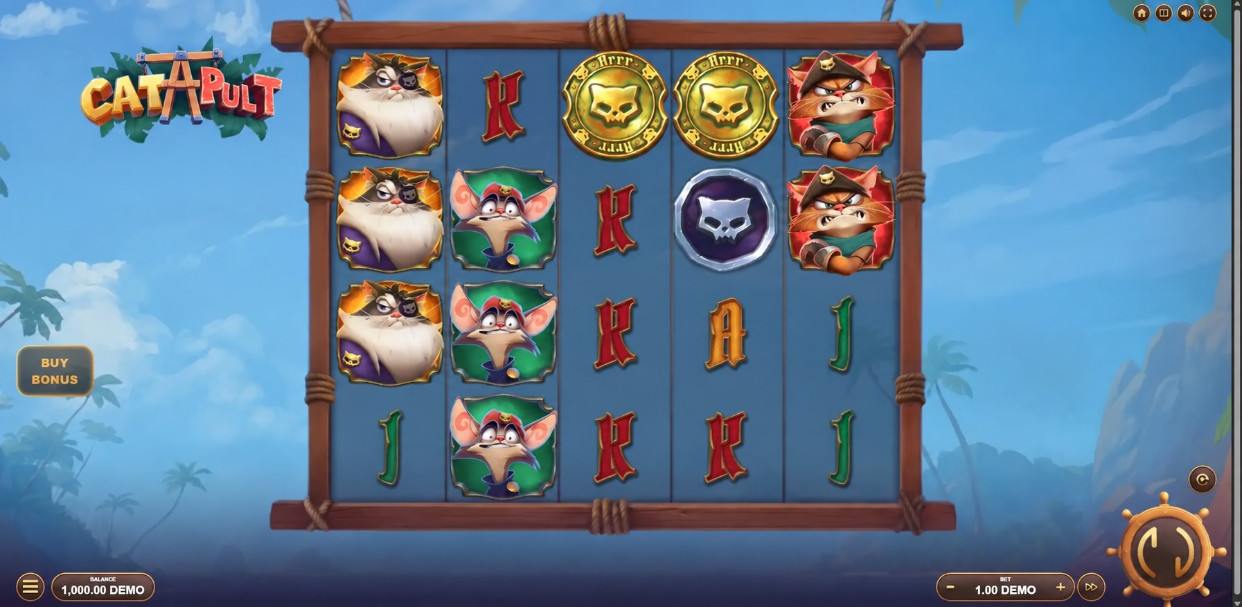 Cat-a-Pult Pirrrates five-reel gameplay with bonus coins and pirate symbols