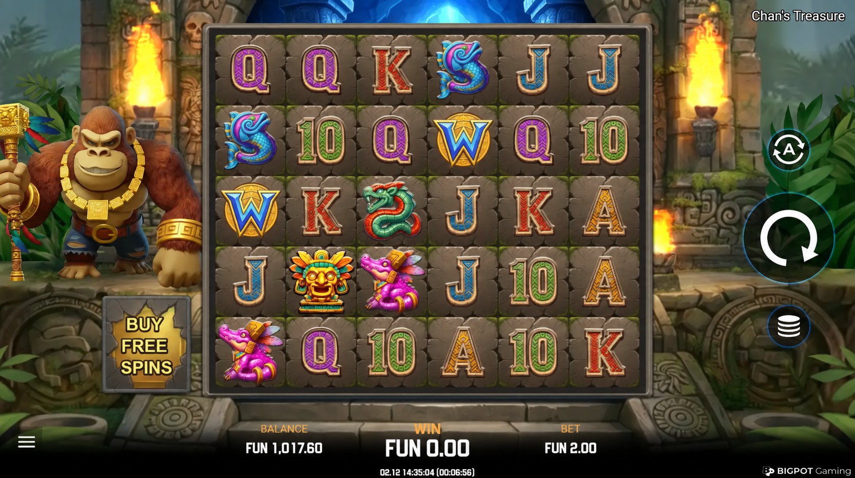 Chan's Treasure six-column five-row jungle slot with gorilla, wild symbols and gameplay controls