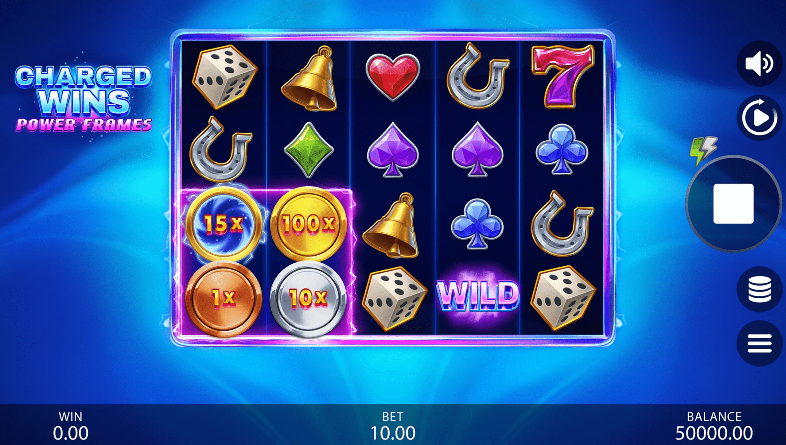 Charged Wins Power Frames online slot gameplay screenshot showing the reels