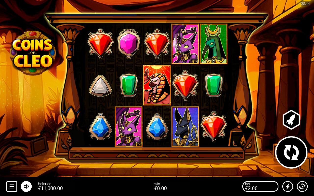 Bitpunch Coins of Cleo full five-reel three-row temple gameplay with deity portraits, jewels and controls