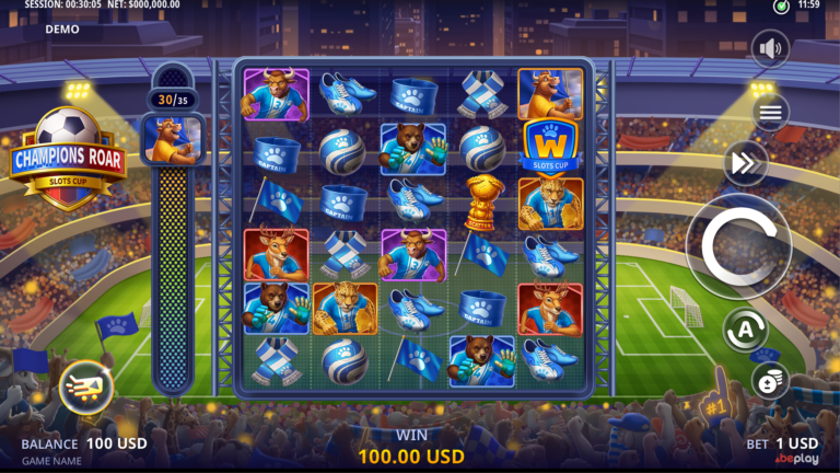 Champions Roar Blue Paws football slot with a six-row board, team symbols and fan progress meter