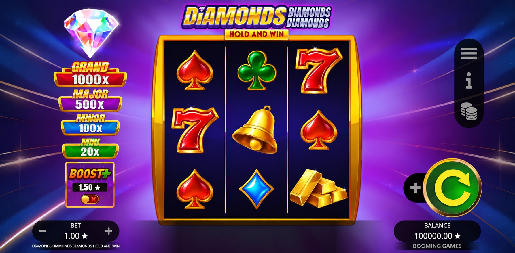 Diamonds Diamonds Diamonds Hold and Win three reel game with full prize panel and controls