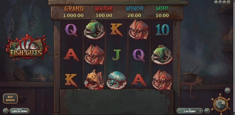 Fish Guts five-reel gameplay with cash values and four fixed jackpots