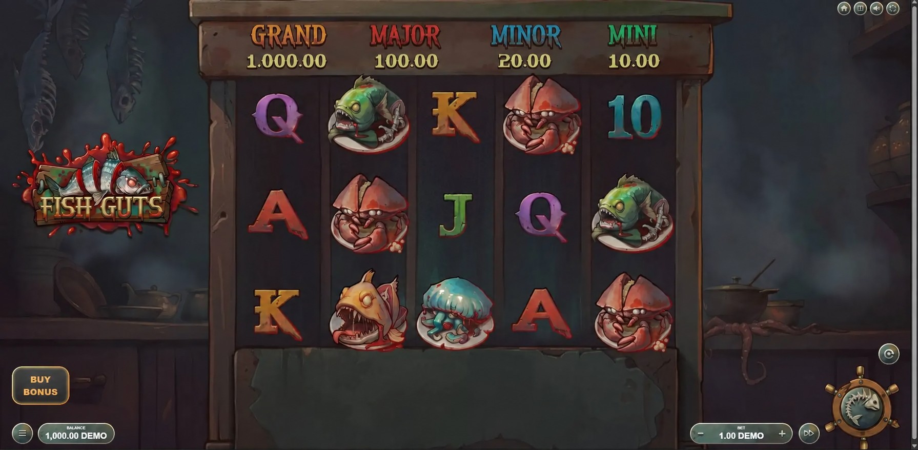 Fish Guts five-reel gameplay with cash values and four fixed jackpots