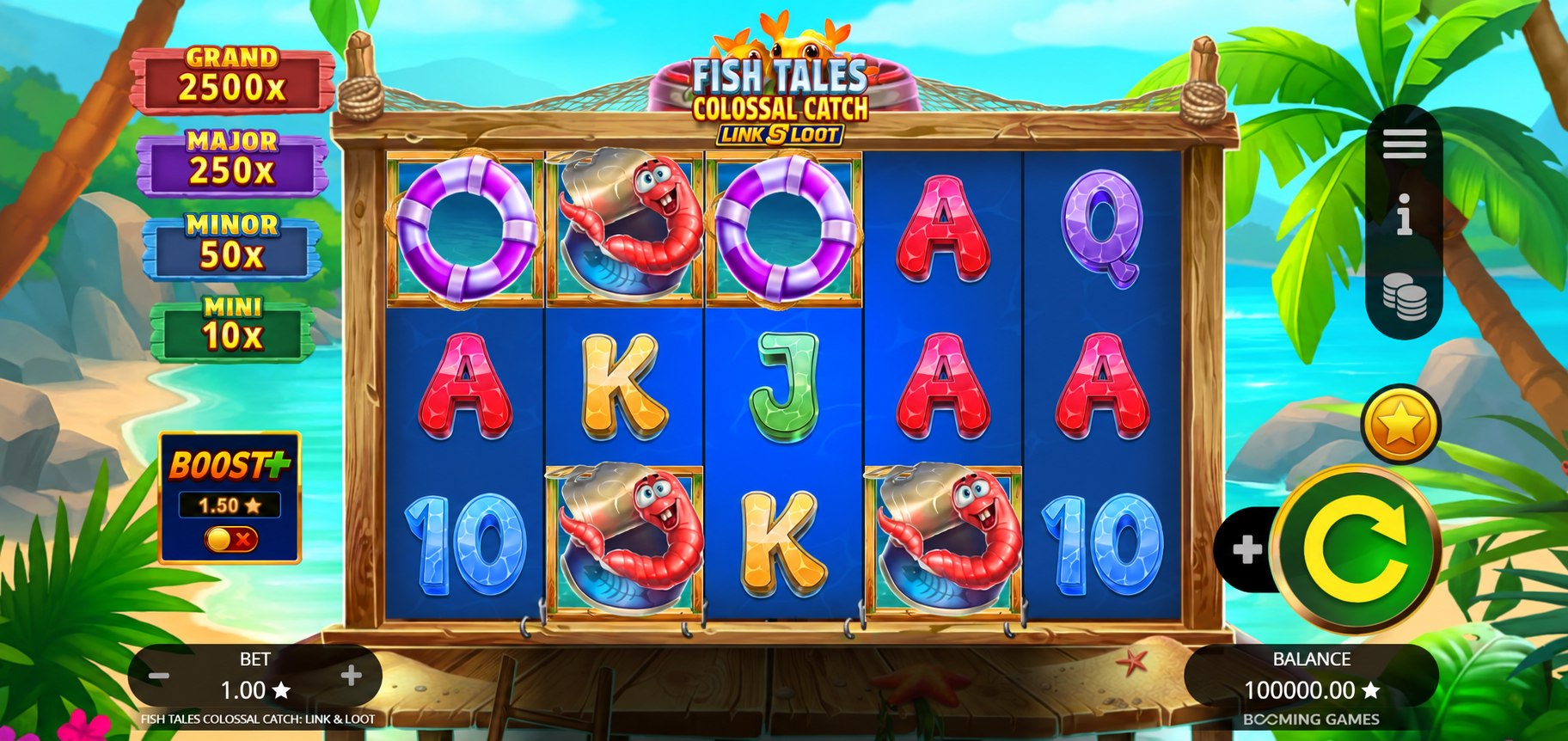 Fish Tales Colossal Catch full five reel game with fishing symbols and prize pots