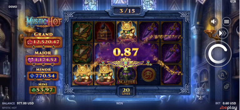 Mystic Hot five-reel game during free spins with mystical artifacts and four progressive jackpot meters
