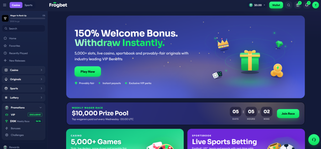 Frogbet casino lobby welcome bonus
