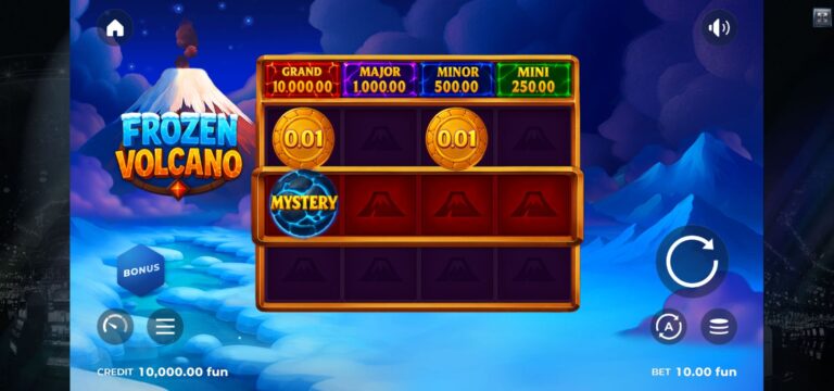 Frozen Volcano four-reel game with Mystery and coin symbols beneath four jackpot meters