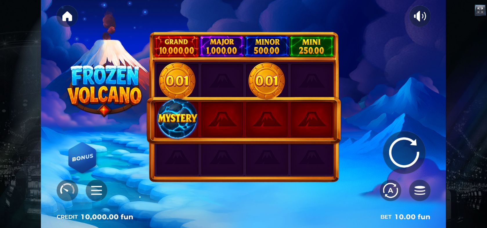 Frozen Volcano four-reel game with Mystery and coin symbols beneath four jackpot meters