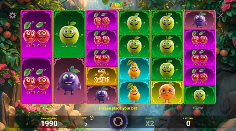 Fruits Maxlines six-reel gameplay with fruit symbols and a Scatter