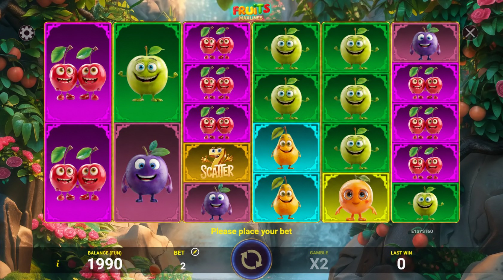 Fruits Maxlines six-reel gameplay with fruit symbols and a Scatter