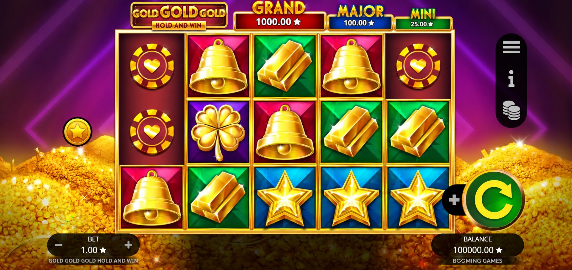 Gold Gold Gold Hold and Win five reel gameplay with golden symbols and fixed prize panel