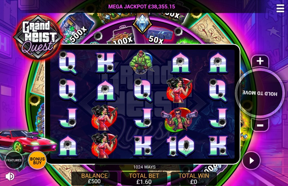 Grand Heist Quest reel screen with neon prize wheel and getaway car