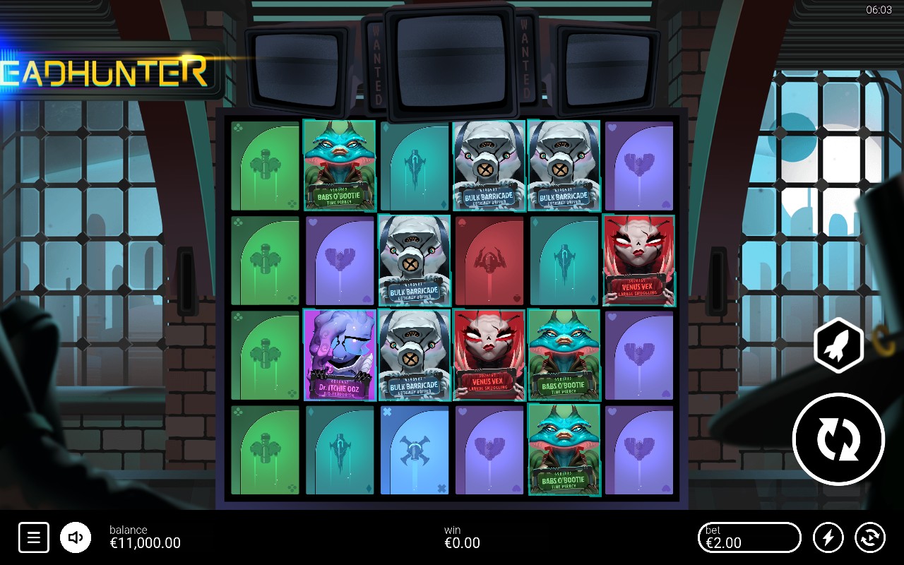 Headhunter six-reel gameplay with alien bounty portraits and coloured cards