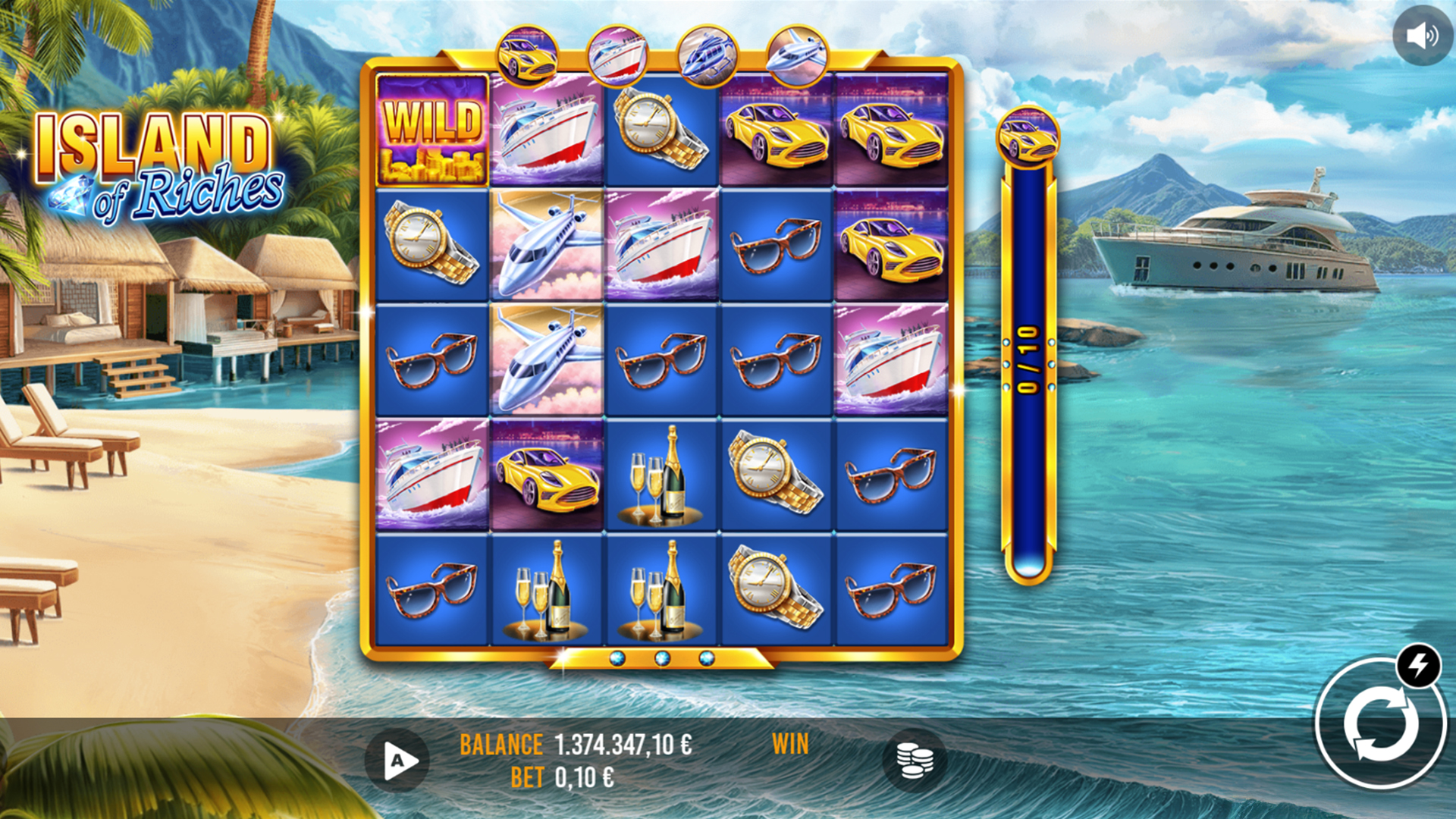 Island of Riches slot gameplay showing the 5x5 cluster grid and Luxury Progress Bar