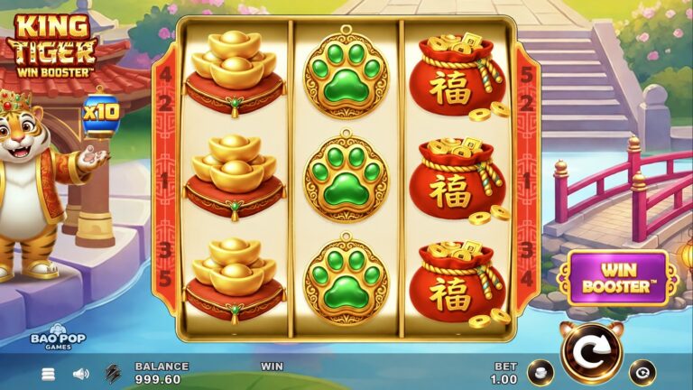 King Tiger Win Booster three-reel game with gold ingots, jade paw symbols and money bags
