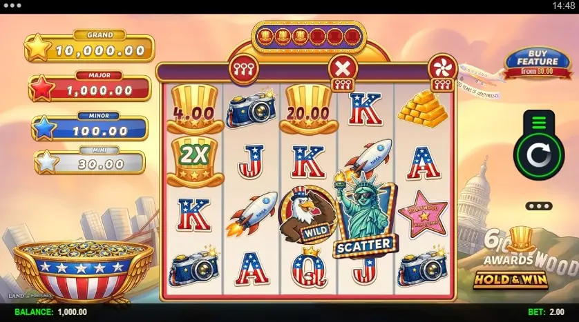 Land Of Fortunes online slot gameplay screenshot showing the reels