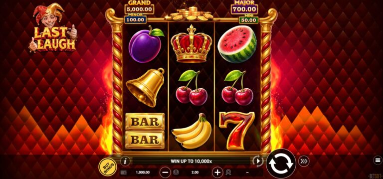 Last Laugh by Betsoft with its full three-reel fruit game, jester and four fixed jackpot meters