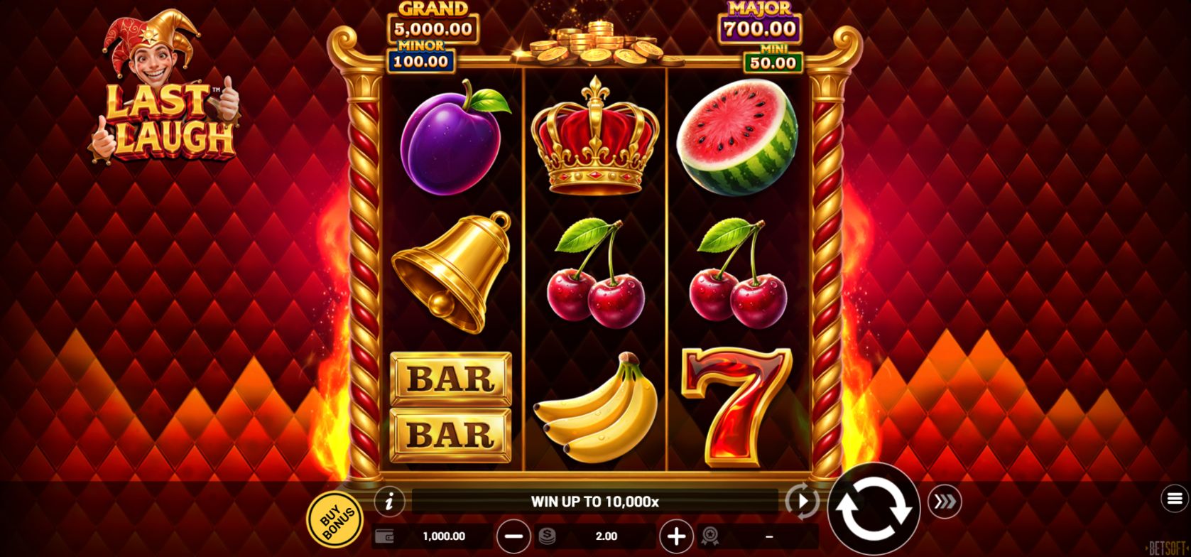 Last Laugh by Betsoft with its full three-reel fruit game, jester and four fixed jackpot meters