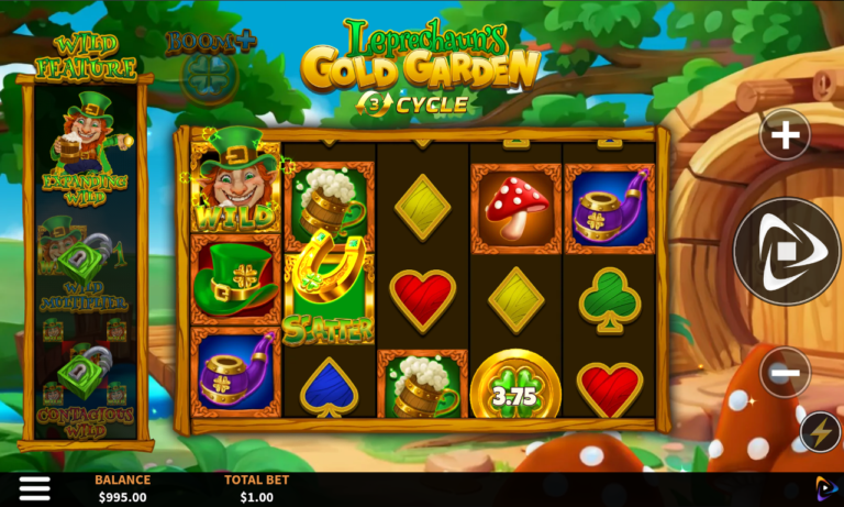 Leprechaun's Gold Garden five reel game with horseshoe scatter, coin and expanding wild feature panel