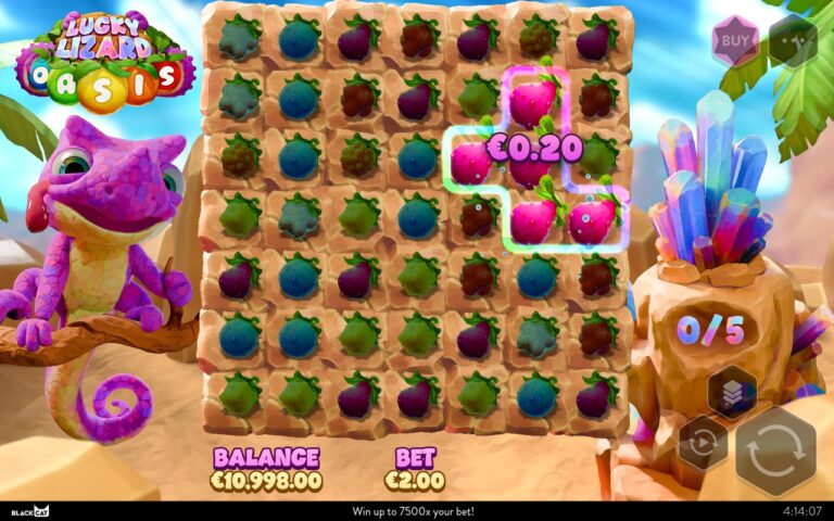 Lucky Lizard Oasis full 7x7 fruit grid with lizard and quartz meter