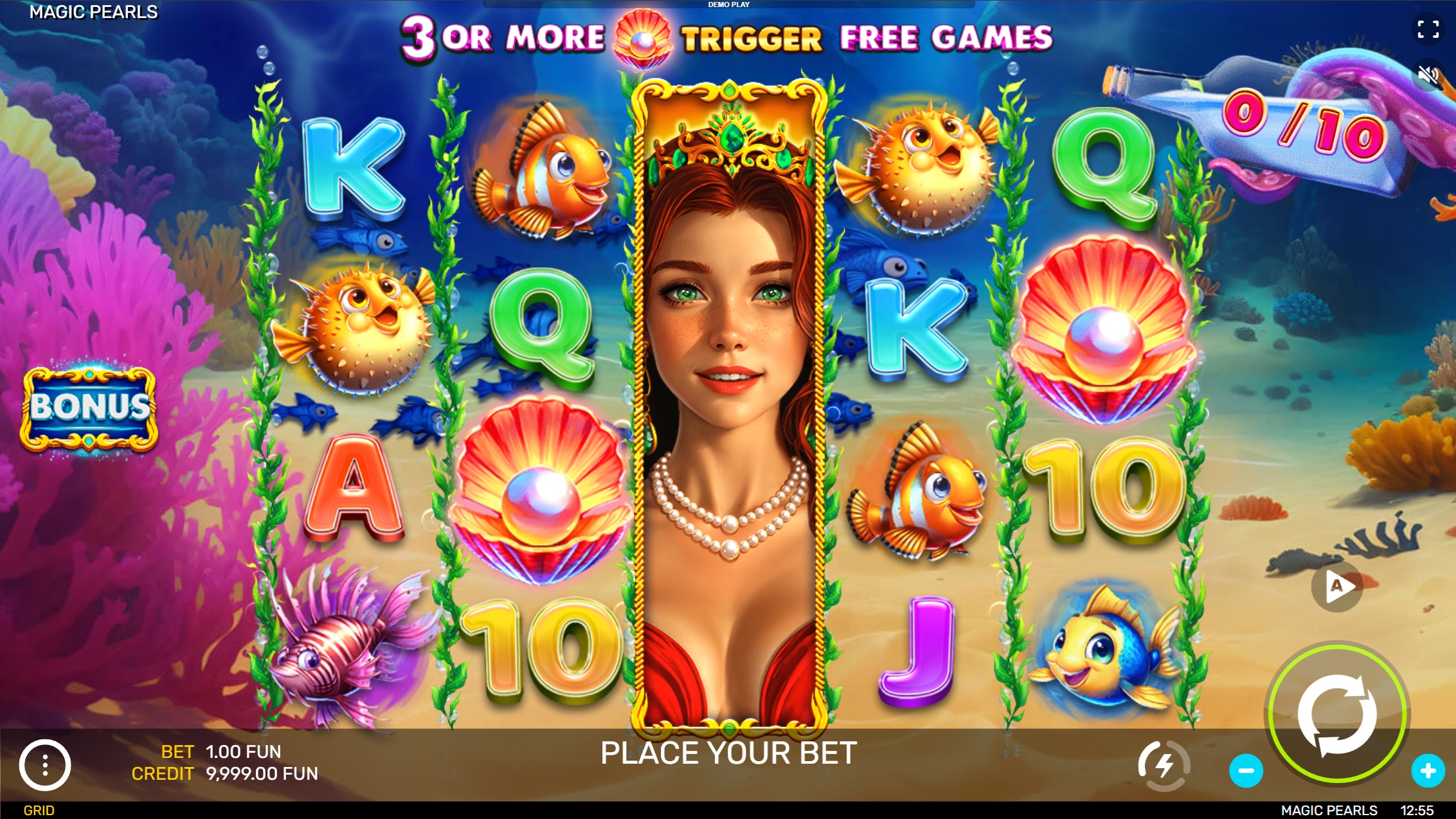 Magic Pearls slot gameplay showing the ocean-themed 5x4 reels