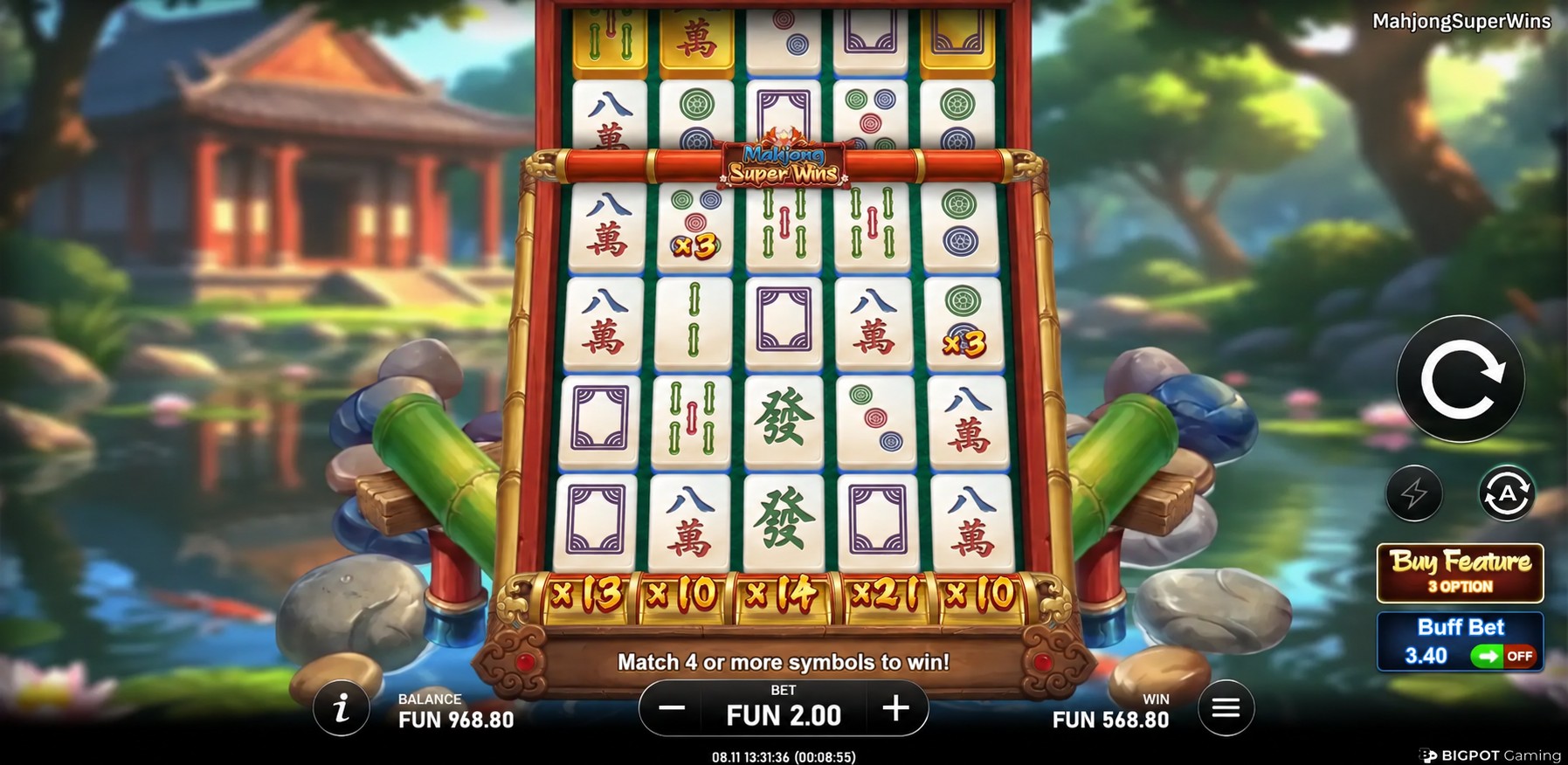 Mahjong Super Wins five-column four-row tile grid, reel multipliers and full garden-themed controls