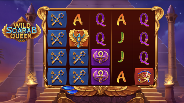 Wild Scarab Queen full five-reel four-row board with Egyptian symbols and golden cobra frame