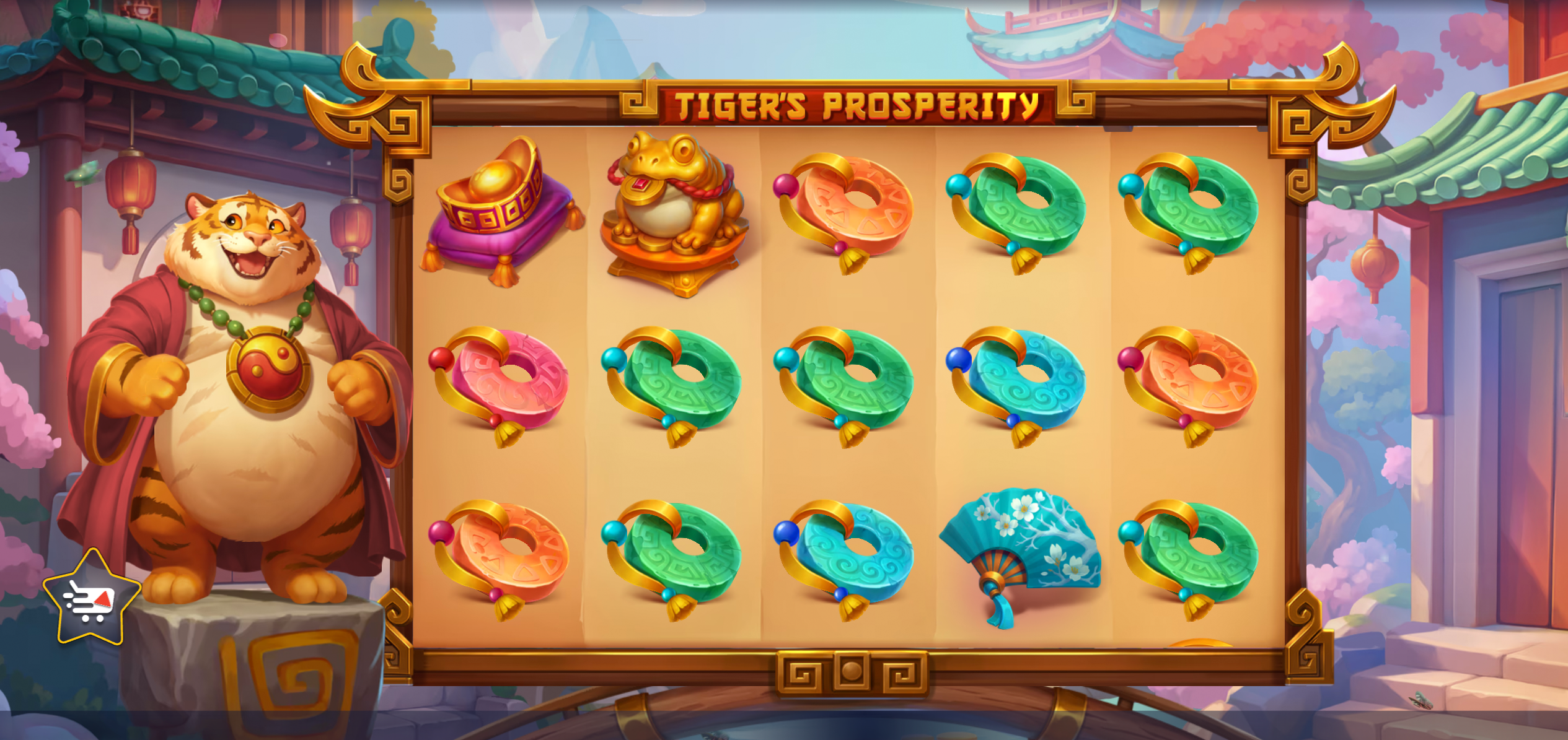 Tiger's Prosperity five-reel game with a red-robed tiger, gold ingots and colored pendants