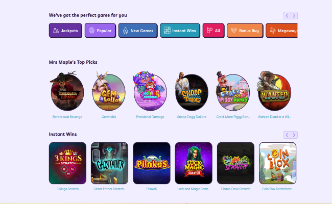 Mrs Maple games lobby showing instant wins and popular game categories