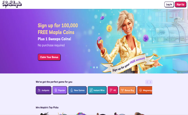 Mrs Maple casino lobby with welcome offer and game categories