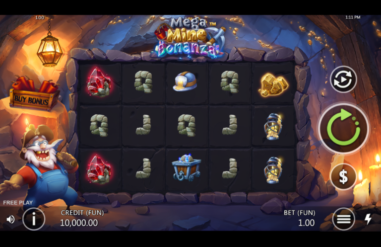 Mega Mine Bonanza slot gameplay screenshot showing the reels and mine cave theme