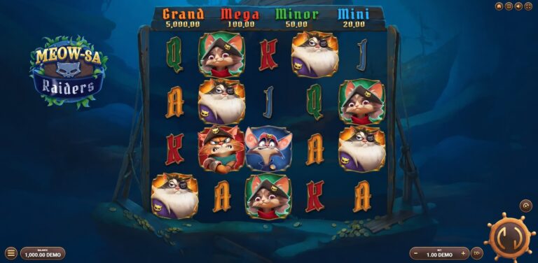 Meow-sa Raiders four-row reels with pirate cats and four fixed jackpot amounts