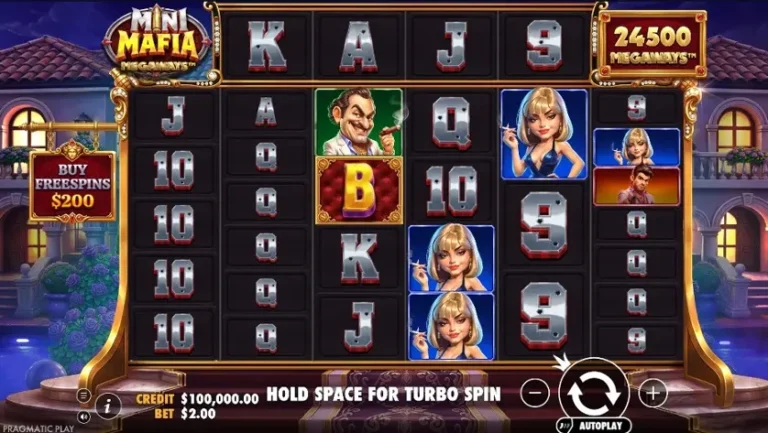 Mini Mafia Megaways online slot gameplay screenshot showing the reels