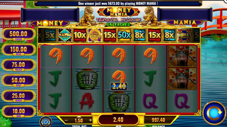 Money Mania Triple Fortune Dragon Unleashed online slot gameplay screenshot