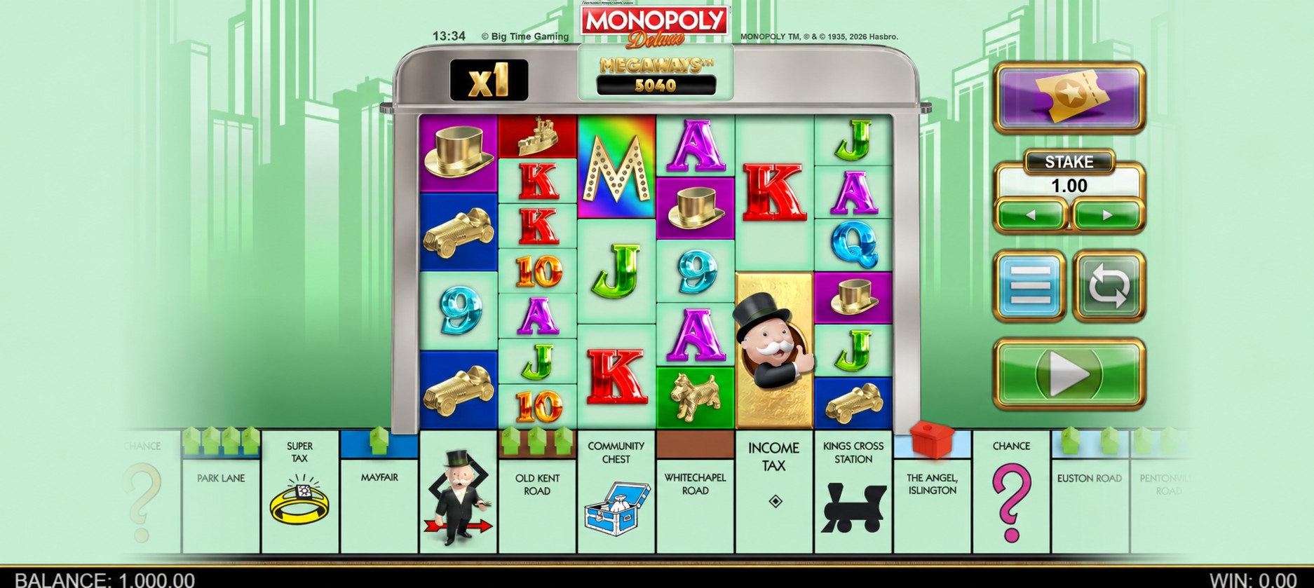 Monopoly Deluxe Megaways reels with the property board and houses beneath