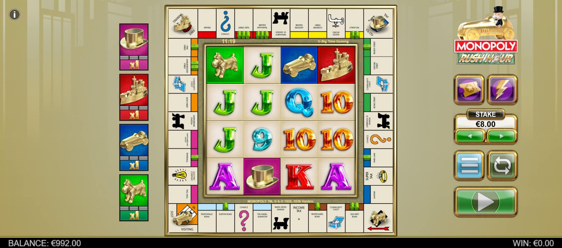 Monopoly Rush Hour four-by-four reels surrounded by the property board and four token multiplier meters