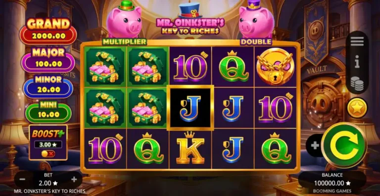 Mr. Oinkster's Key to Riches five reel gameplay with Multiplier and Double piggy banks