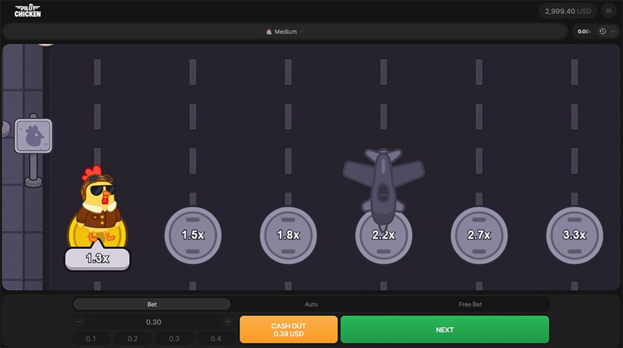 Pilot Chicken online casino game screenshot showing the road gameplay screen