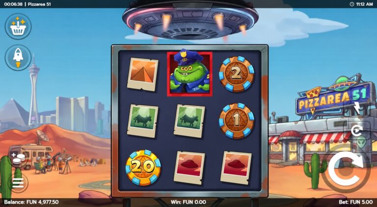 Pizzarea 51 three-reel slot with alien police character, cash chips and desert pizzeria
