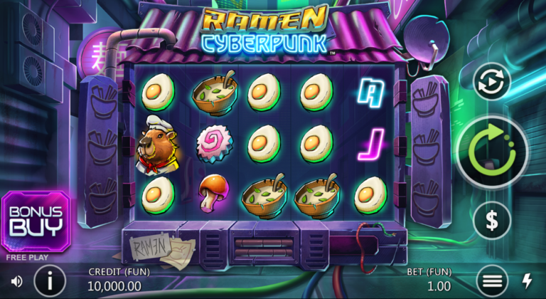 Ramen Cyberpunk slot gameplay screenshot showing the neon ramen reels