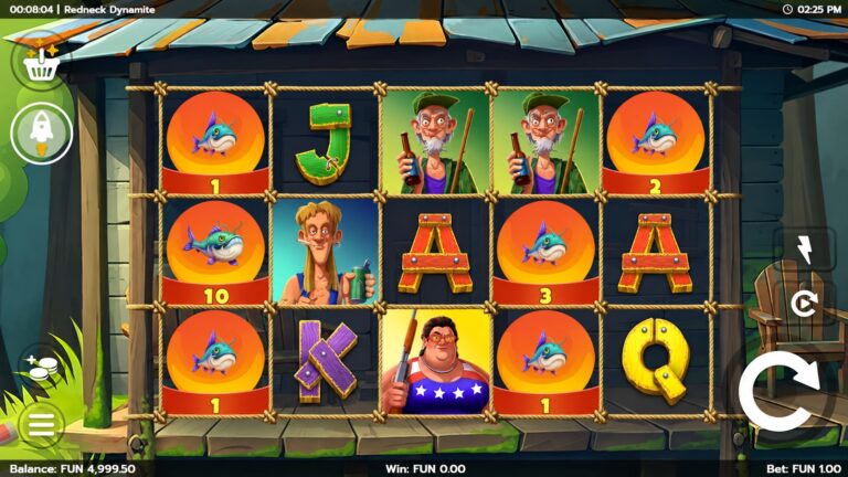 Redneck Dynamite five-reel fishing-shack slot with fish prizes and cartoon characters