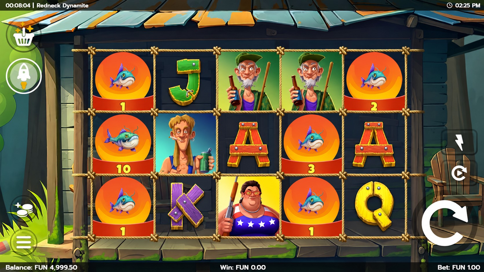 Redneck Dynamite five-reel fishing-shack slot with fish prizes and cartoon characters