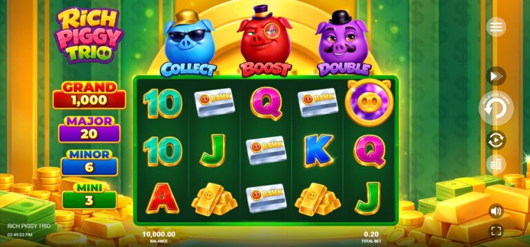 Rich Piggy Trio slot showing the complete five-reel game, Collect Boost Double features and jackpot meters