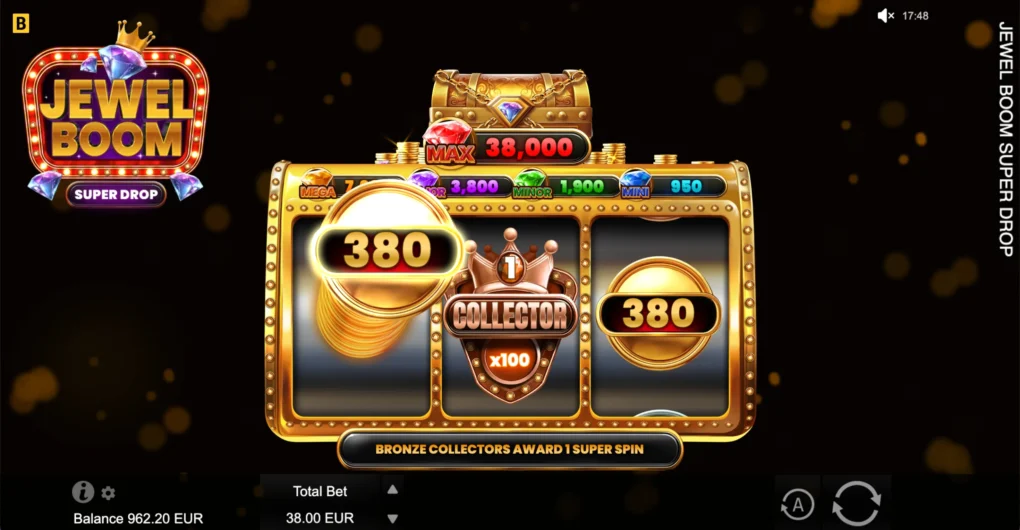 Jewel Boom Super Drop three-reel game with Bronze Collector and coin prizes