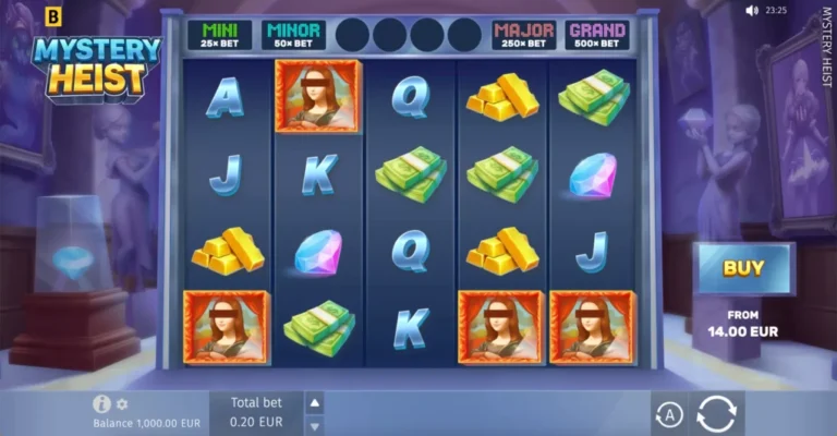 Mystery Heist five-reel art-gallery gameplay with portraits, diamonds and fixed special-prize values
