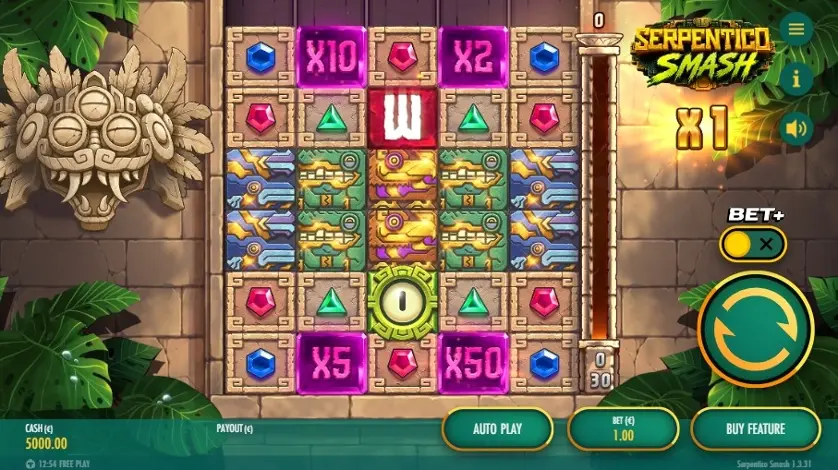 Serpentico Smash online slot gameplay screenshot showing the reels and controls