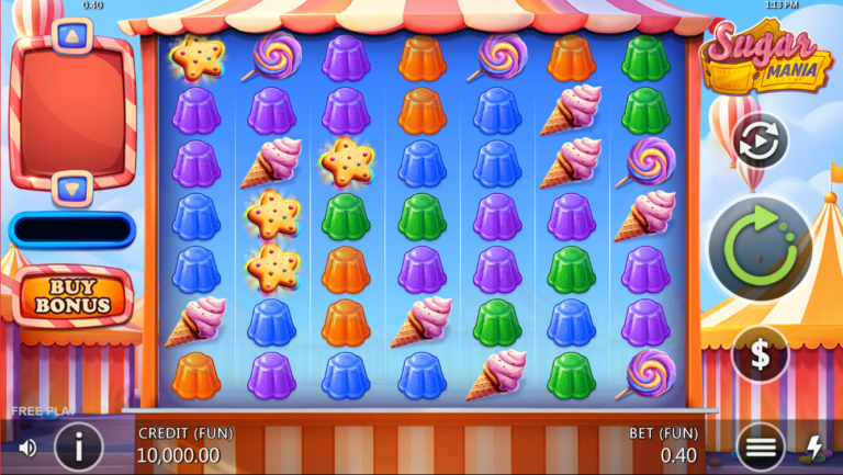 Sugar Mania slot gameplay screenshot showing the candy carnival reels